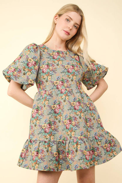 Floral Jacquard Fabric Holiday Mini Dress: BEIGE MIX