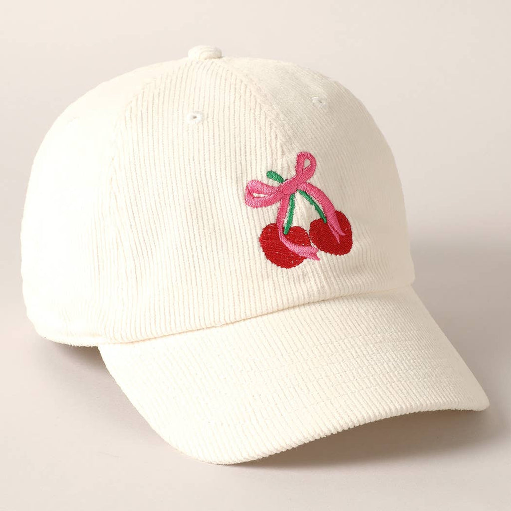 Cherries Ribbon Bow Embroidery Corduroy Cap: OFF WHITE / ONE SIZE