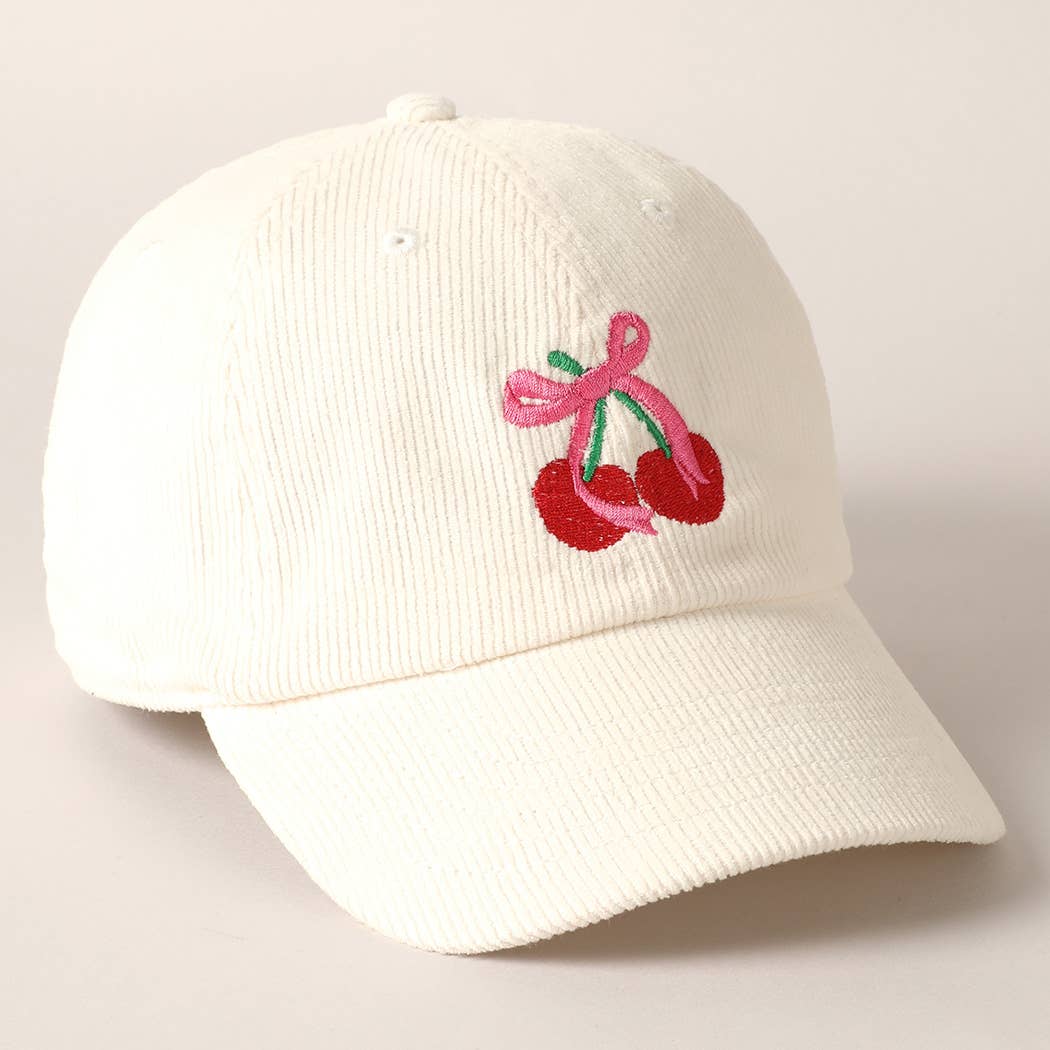 Cherries Ribbon Bow Embroidery Corduroy Cap: OFF WHITE / ONE SIZE