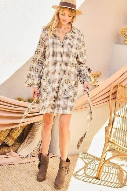 Bubble Sleeve Waist Belt Plaid Shirts Dress: TAUPE/BROWN