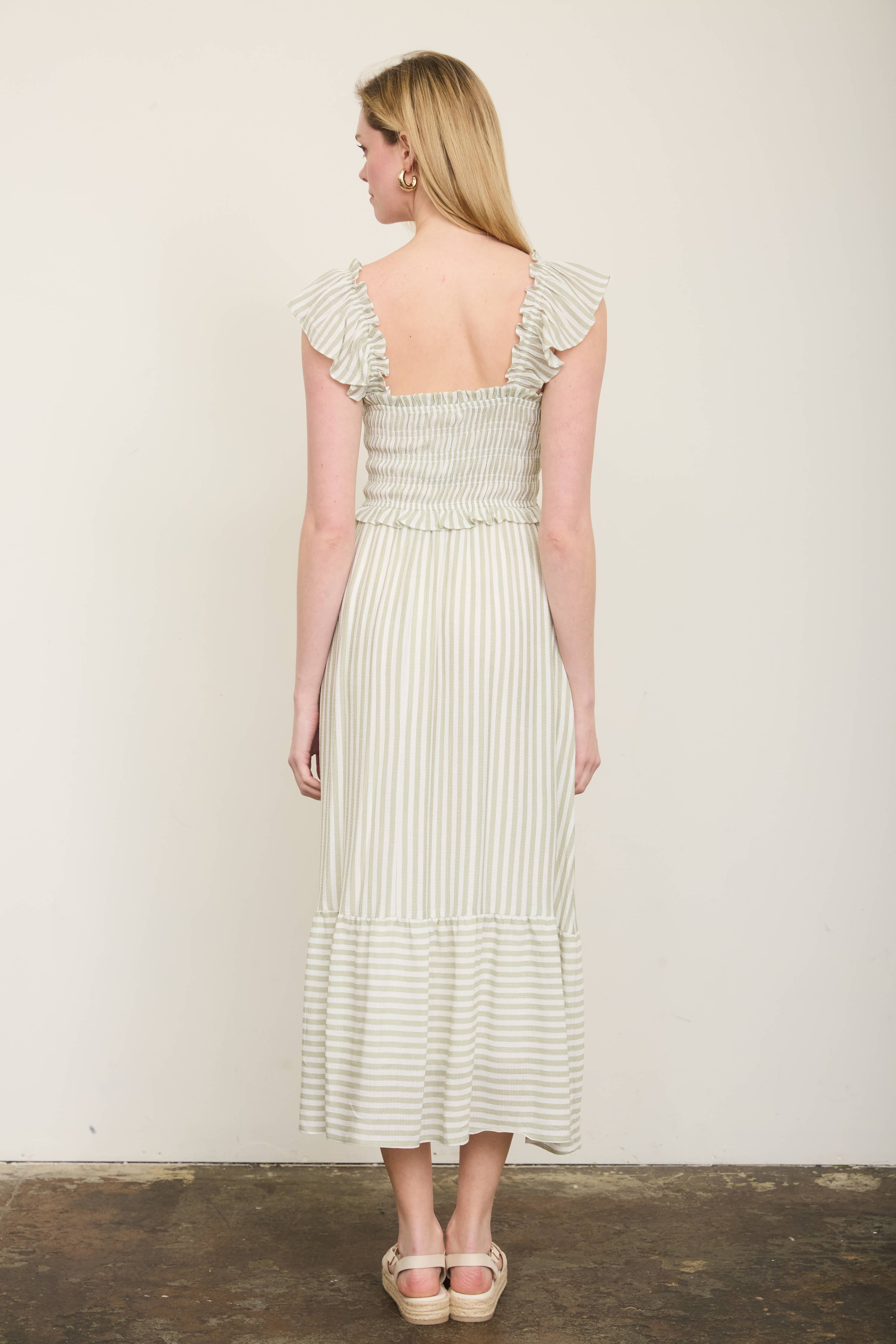 Sweet Stroll Striped Midi Dress: Light Olive