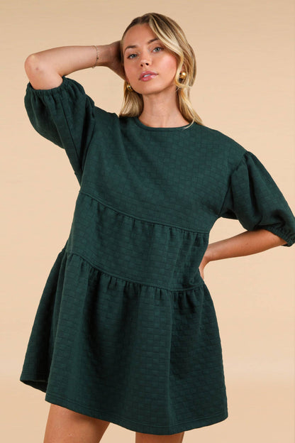 Quilted Knit A-Line Puff Sleeve Babydoll Mini Dress: FOREST
