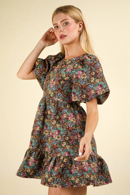Floral Jacquard Fabric Holiday Mini Dress: BEIGE MIX
