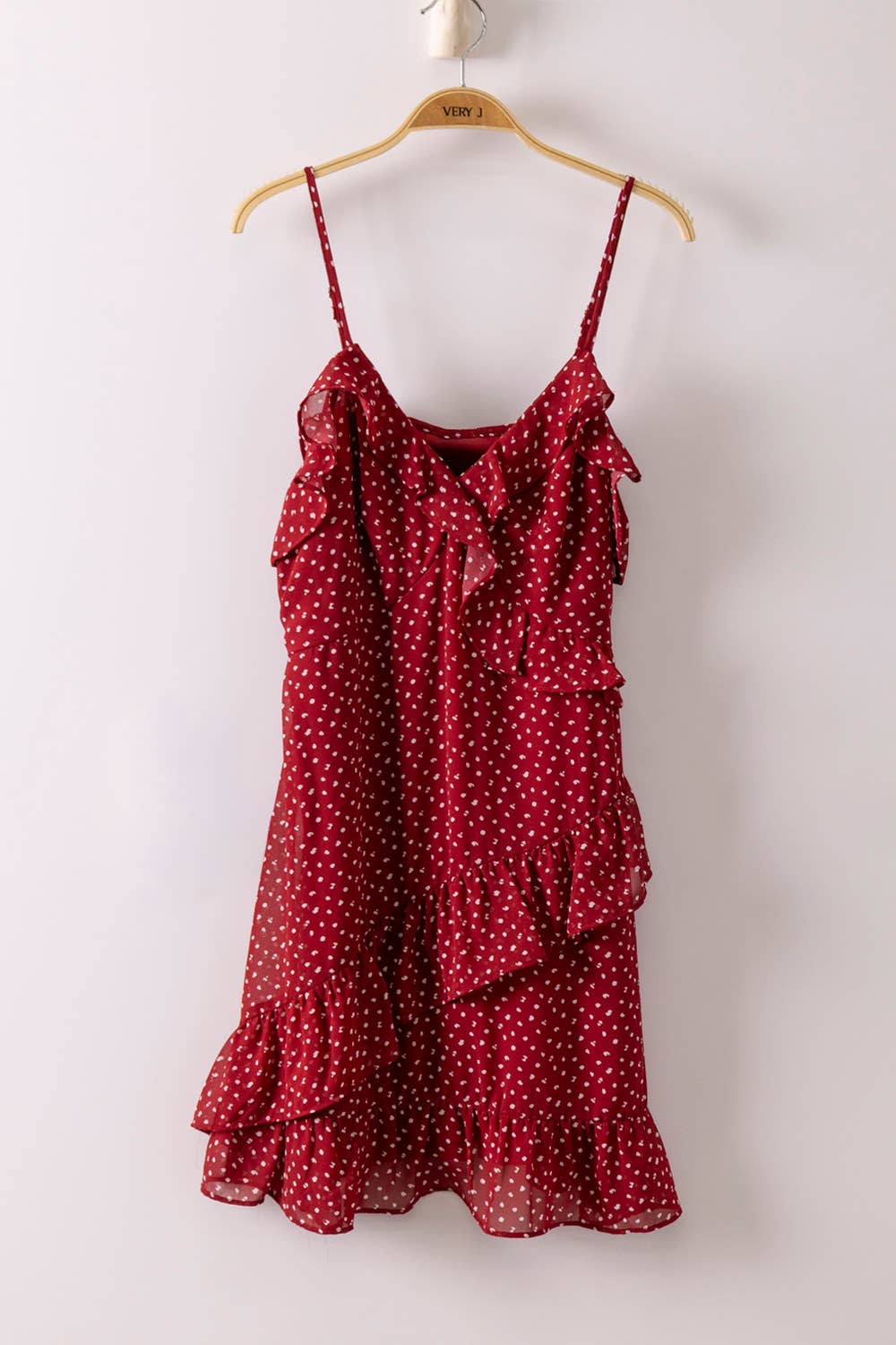 Ruffled Dotted Woven Mini Dress: RED DOT