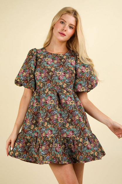 Floral Jacquard Fabric Holiday Mini Dress: BEIGE MIX