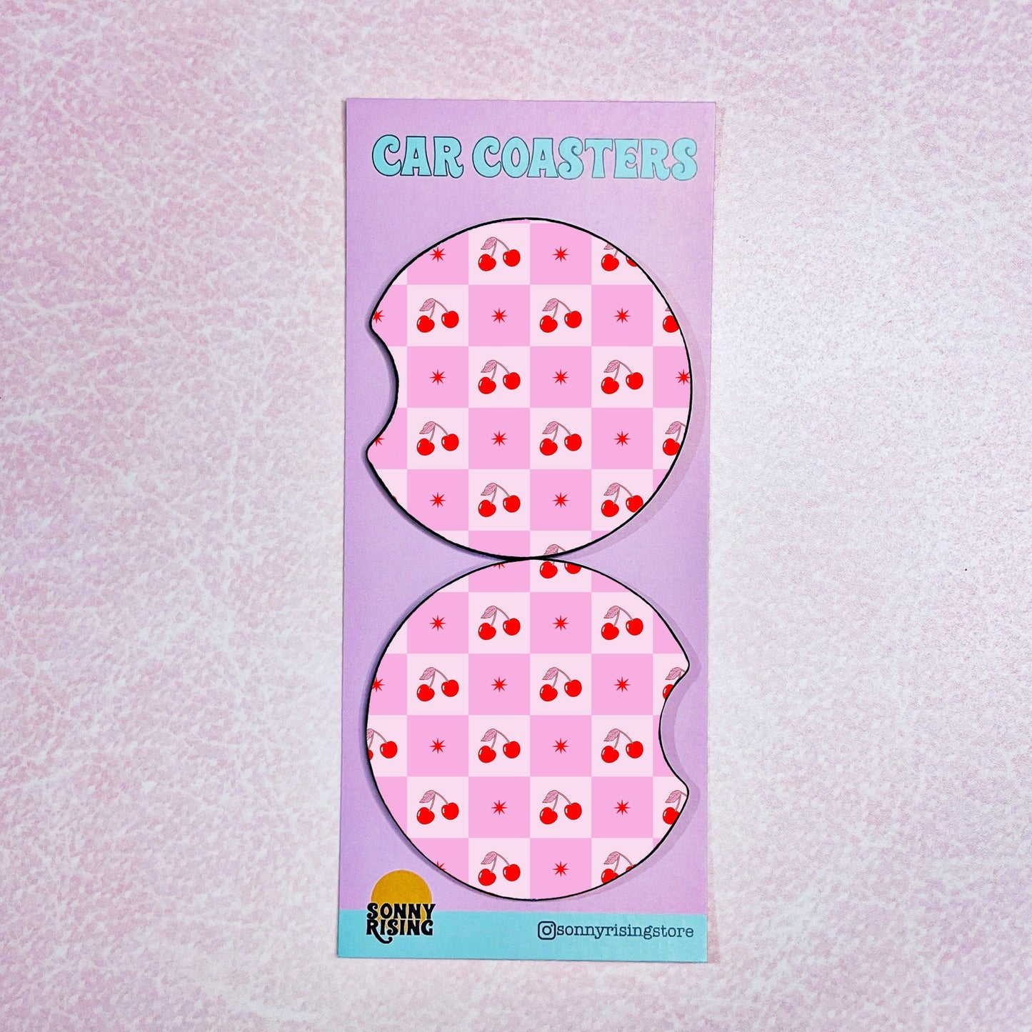 2 Car Coasters, Pink Cherry Checker Pattern