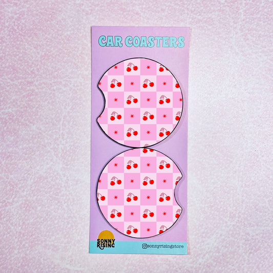 2 Car Coasters, Pink Cherry Checker Pattern
