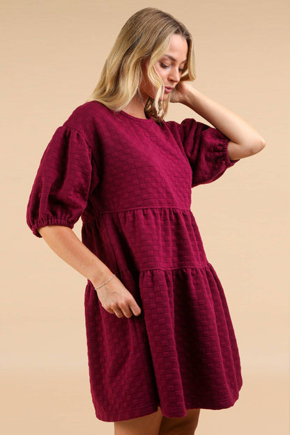 Quilted Knit Puff Sleeve Babydoll Dress PLUS SIZE: RASPBERRY