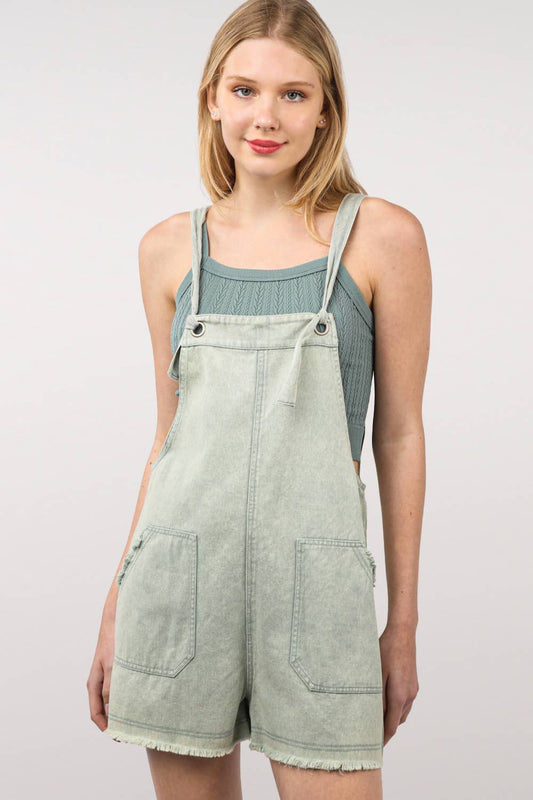 Washed Cotton Denim Casual Romper Overall: SAGE