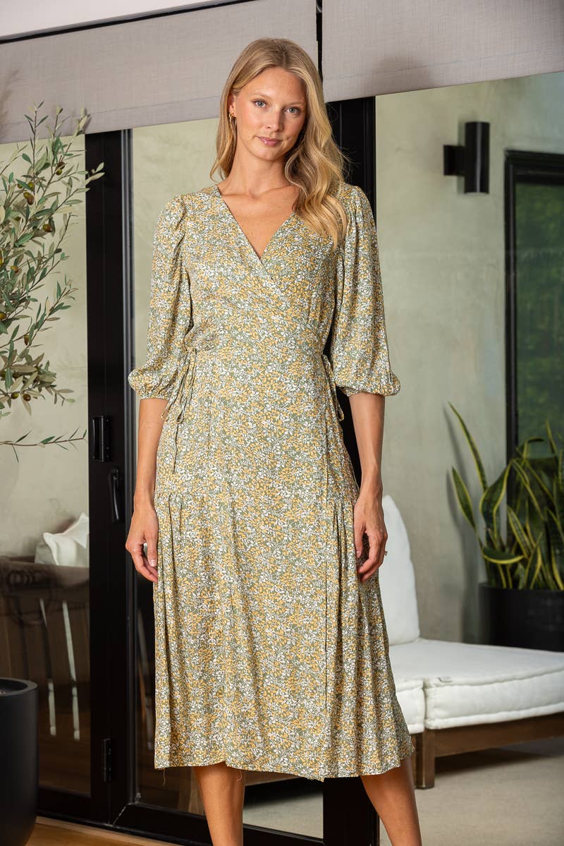 SALE: Floral print v-neck tie waist wrap dress: SAGE