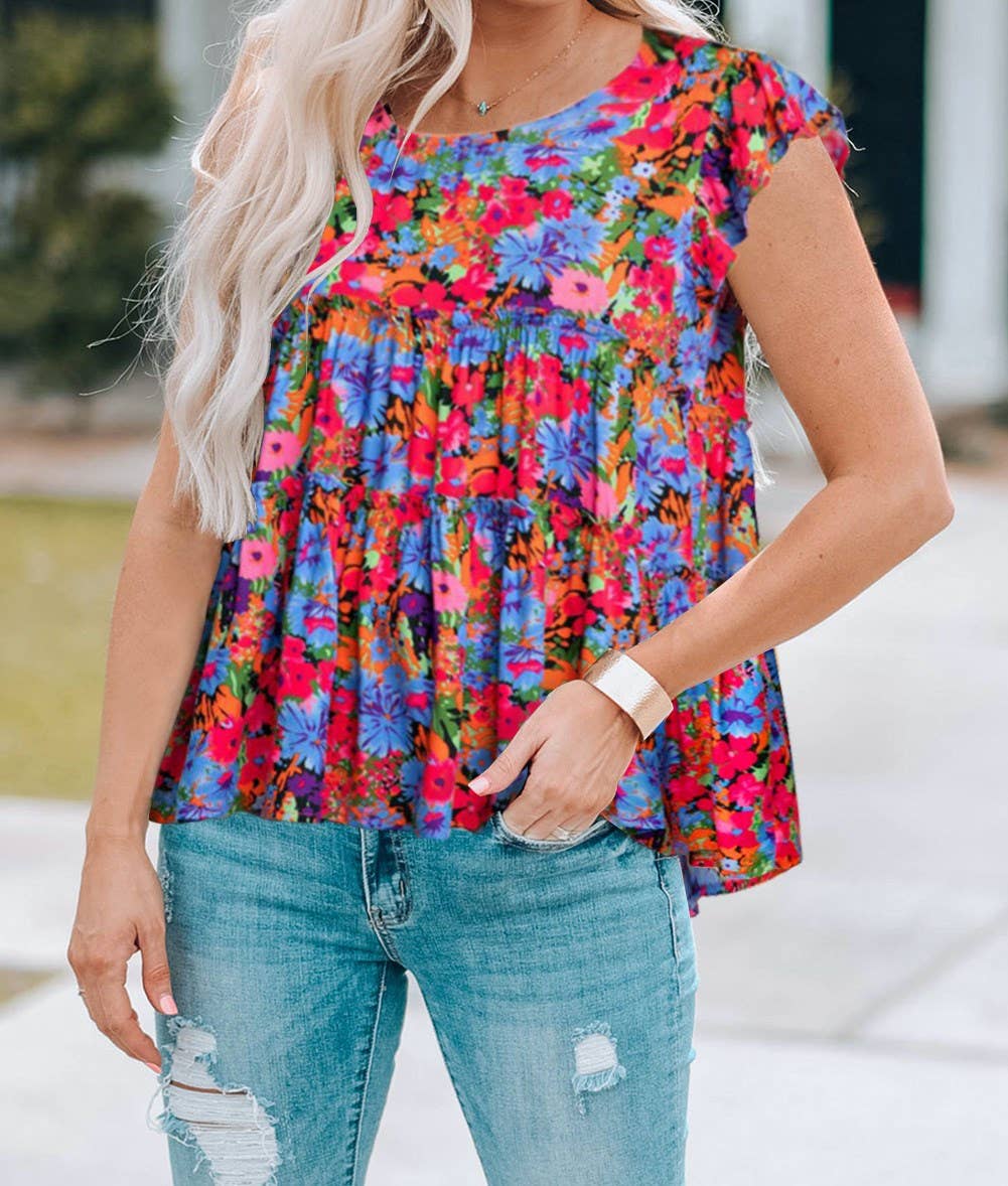 Relaxed Tiered Floral Ruffled Top