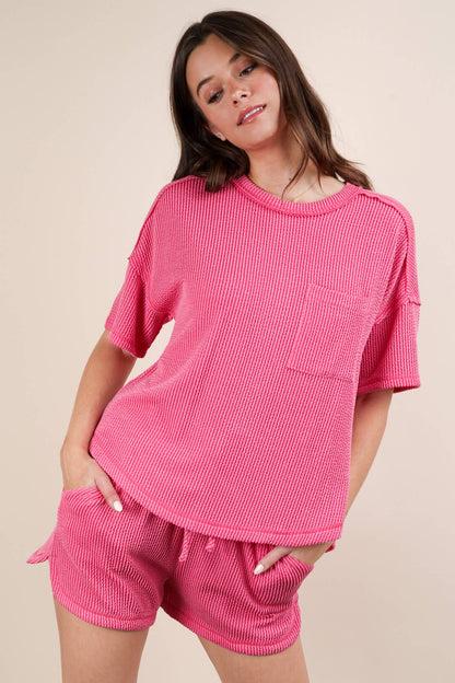 Oversized Two Tone Double Knit Top & Shorts: PINK