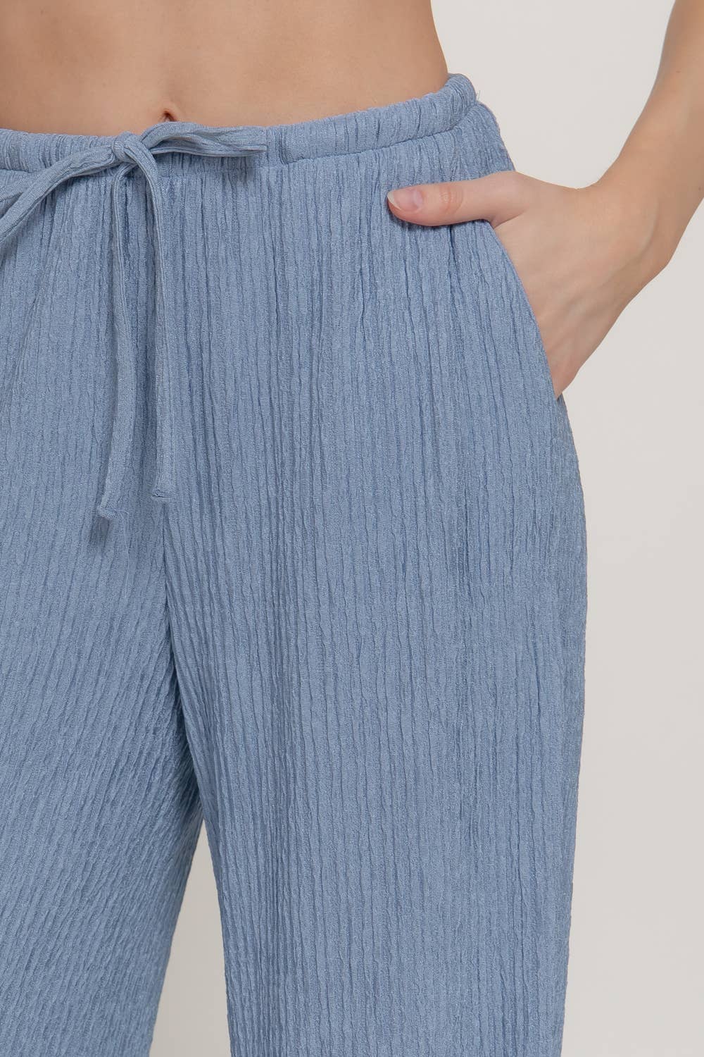 Waistband with String Crinkle Knit Long Pants: BLU-blue / S