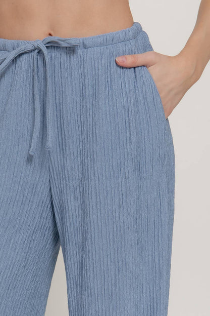 Waistband with String Crinkle Knit Long Pants: BLU-blue / S