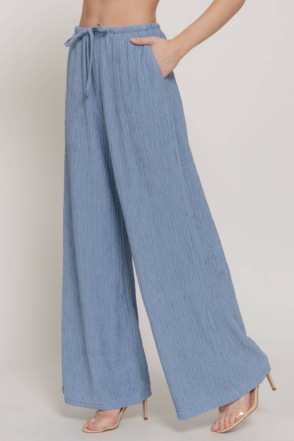 Waistband with String Crinkle Knit Long Pants: BLU-blue / S