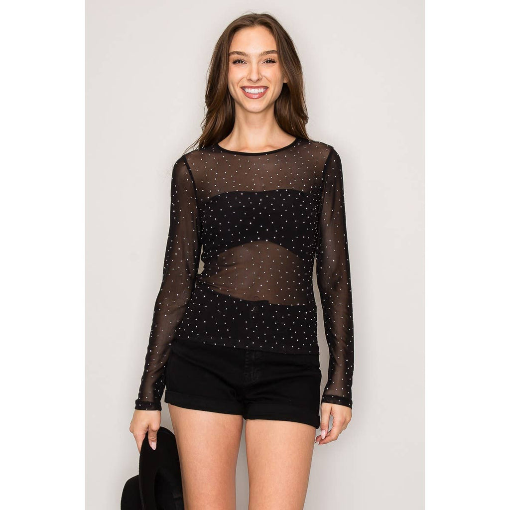 Rhinestone Embellished Mesh Top: White