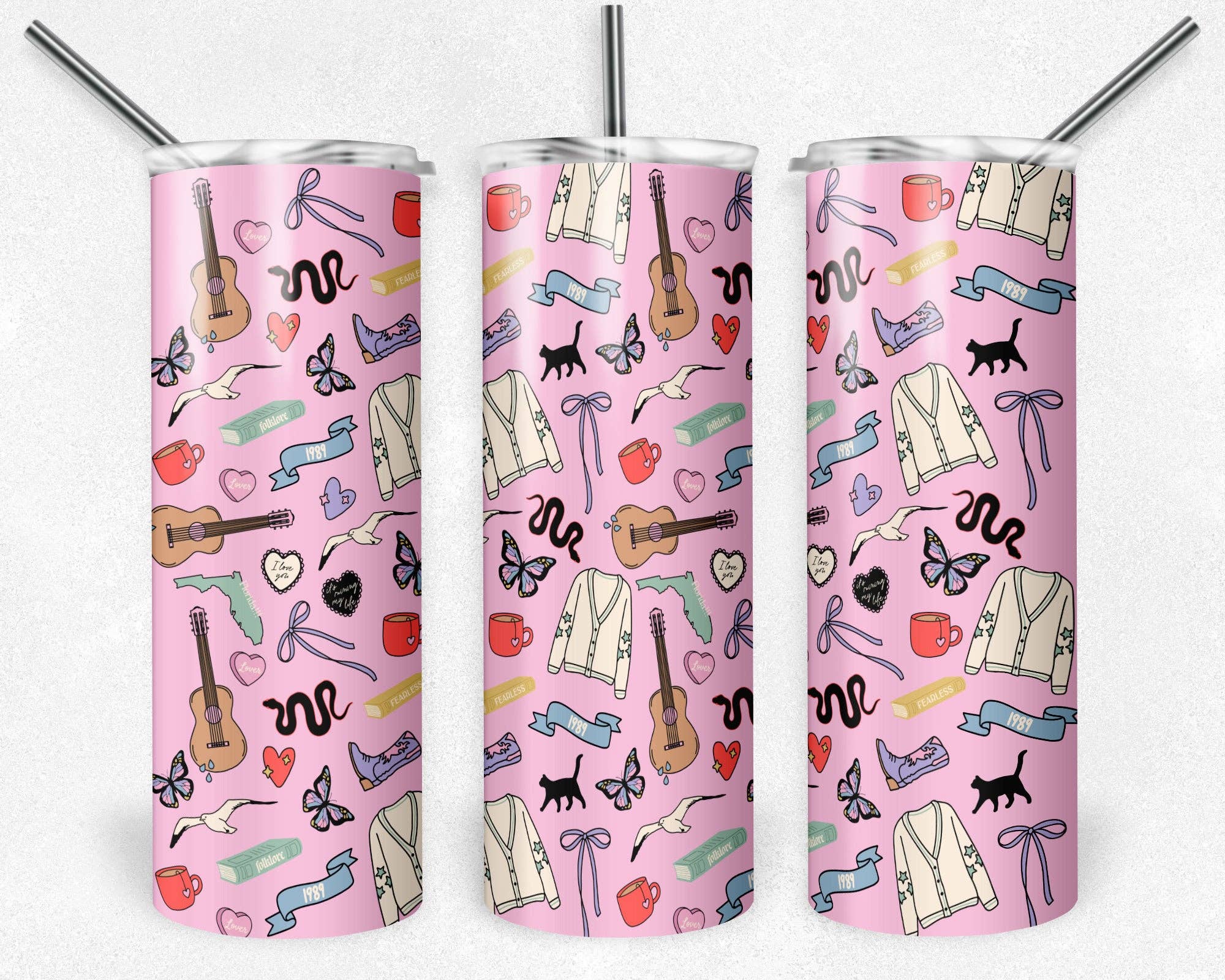 20 oz Skinny Tumbler, Pink Taylor Icons