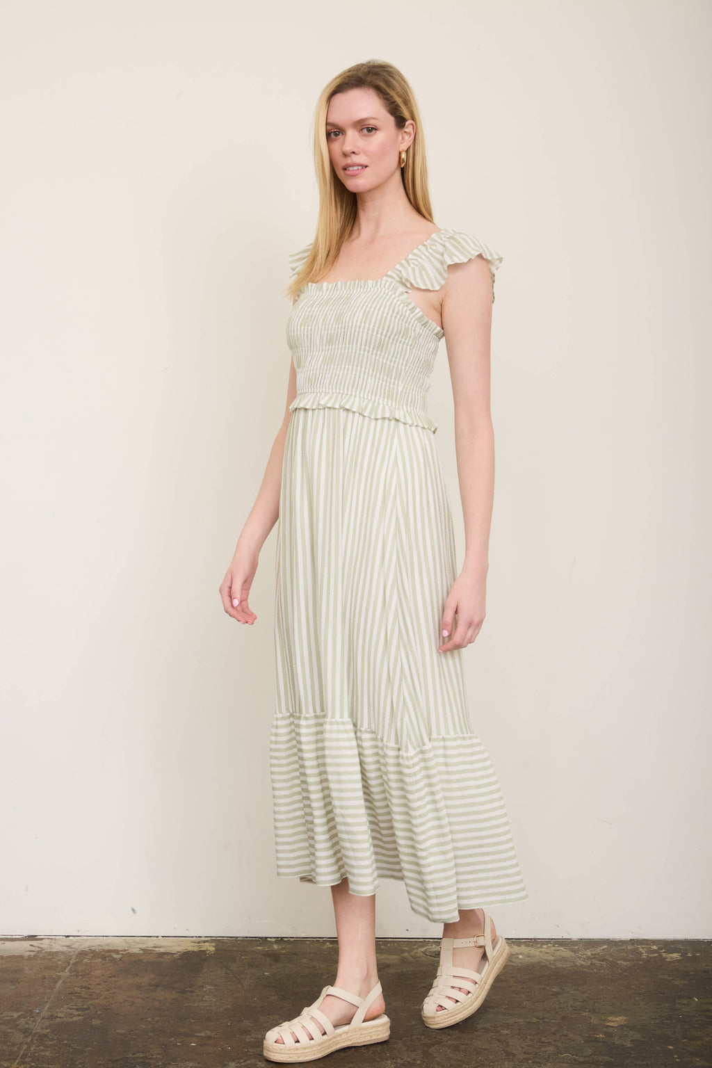 Sweet Stroll Striped Midi Dress: Light Olive