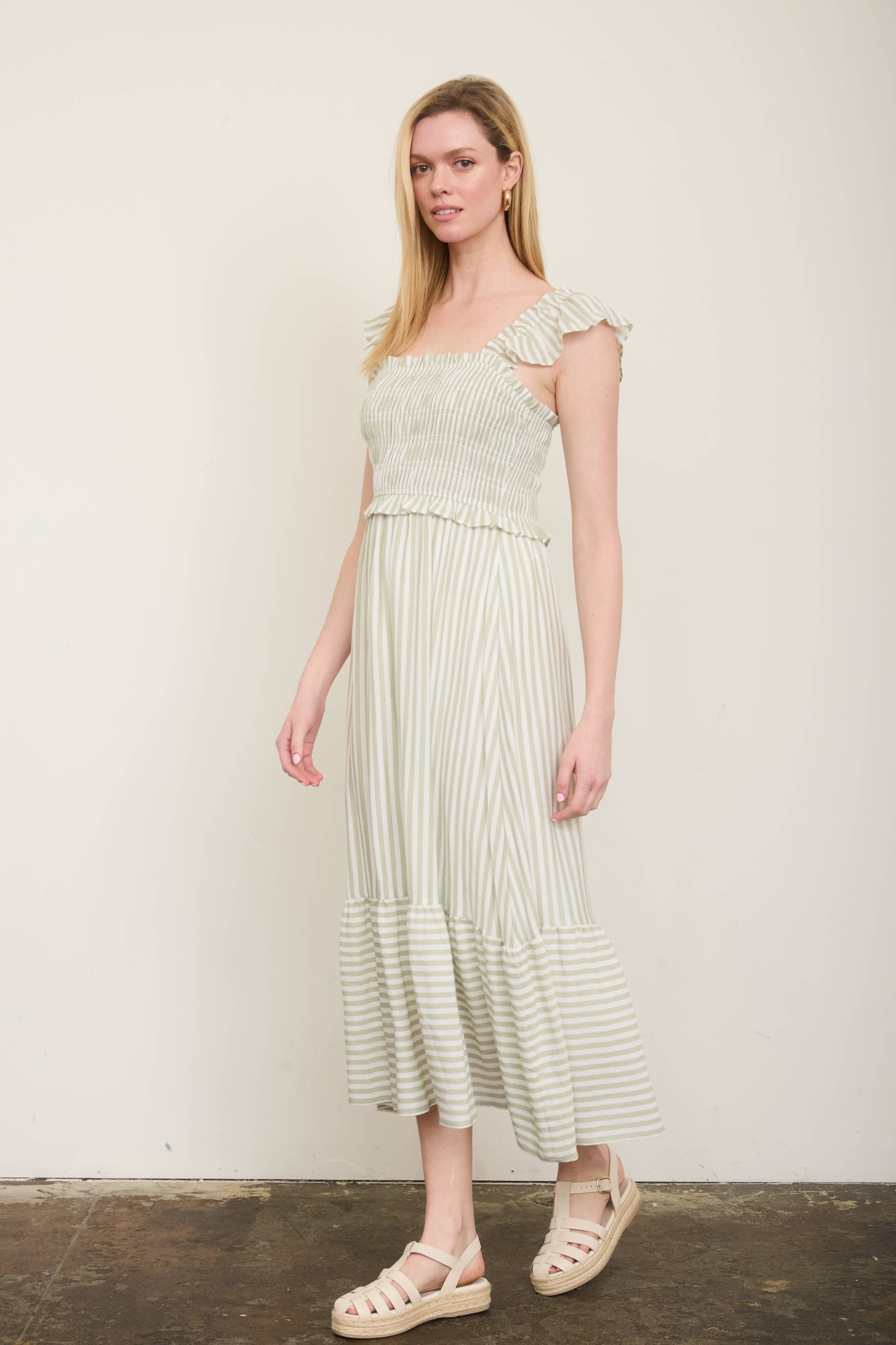 Sweet Stroll Striped Midi Dress: Light Olive