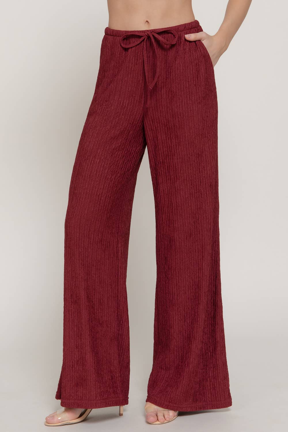 Crinkle Knit Long Pants: Wine