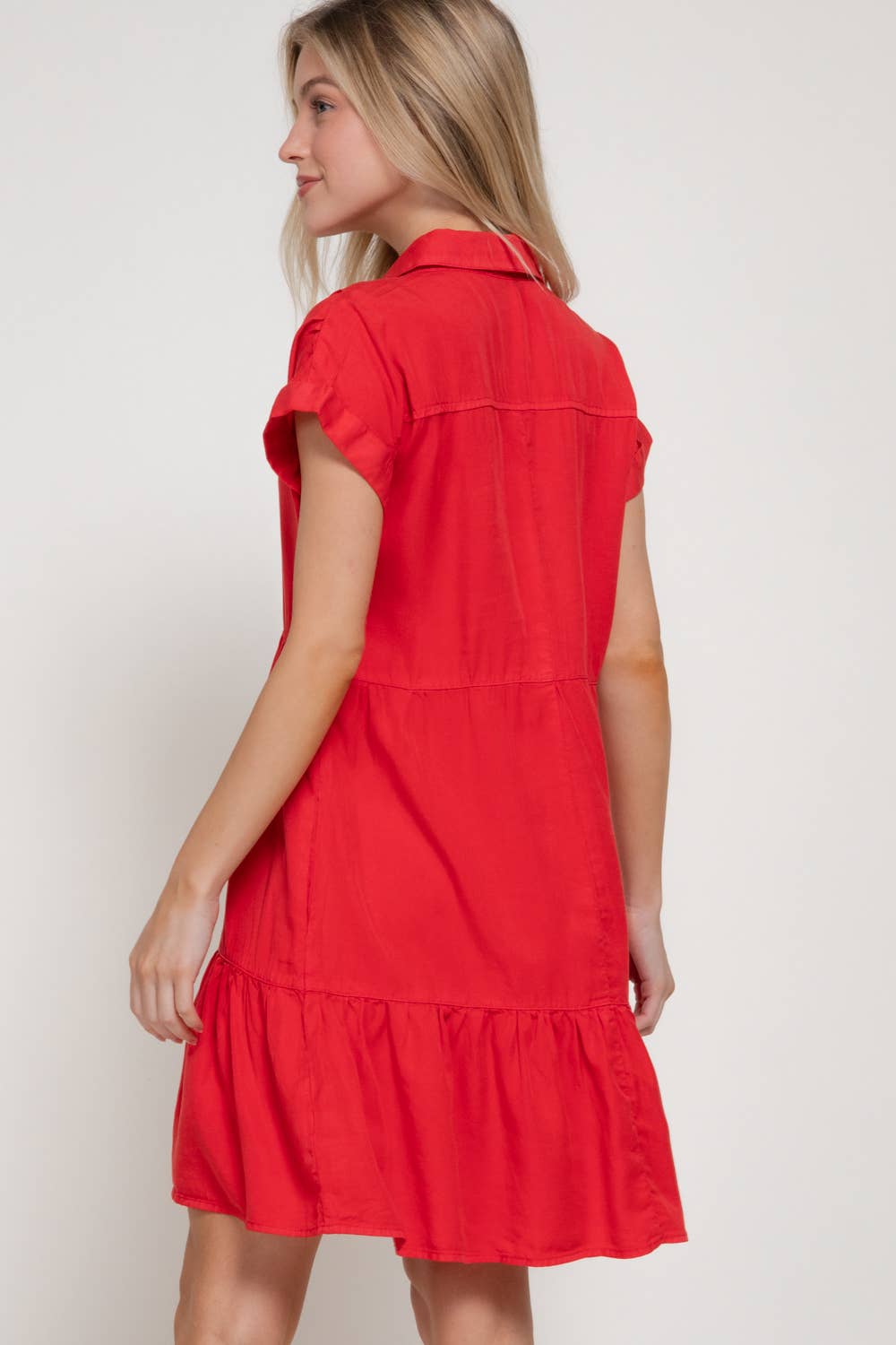 Short Sleeve Ruffled Mini Dress: Red