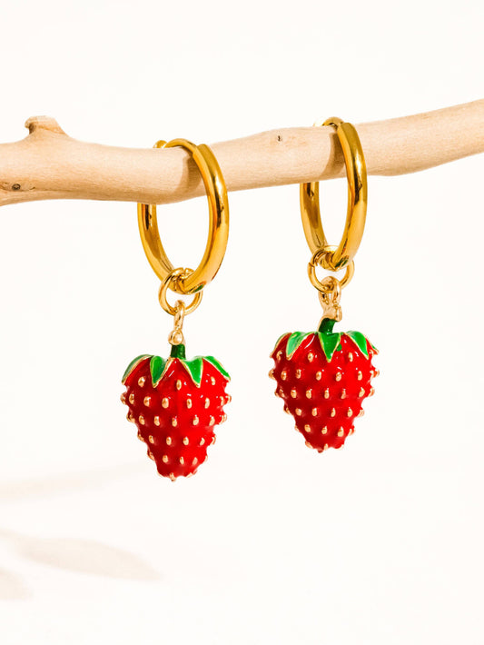 Berry 18K Gold Non-Tarnish Strawberry Earring: Red