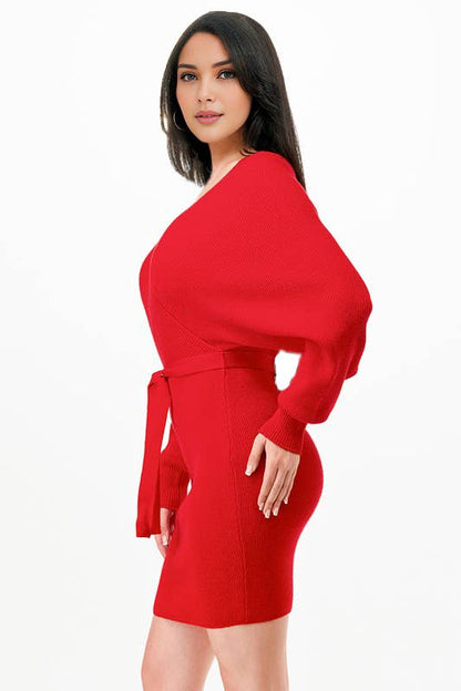 Solid color deep open sexy long sleeve sweater dress: Red