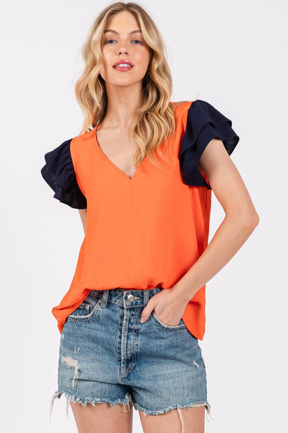ORANGE NAVY V-NECK GAME DAY TOP