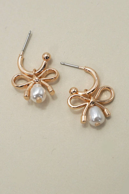 BOW PEARL DROP MINI HOOP EARRINGS: Gold