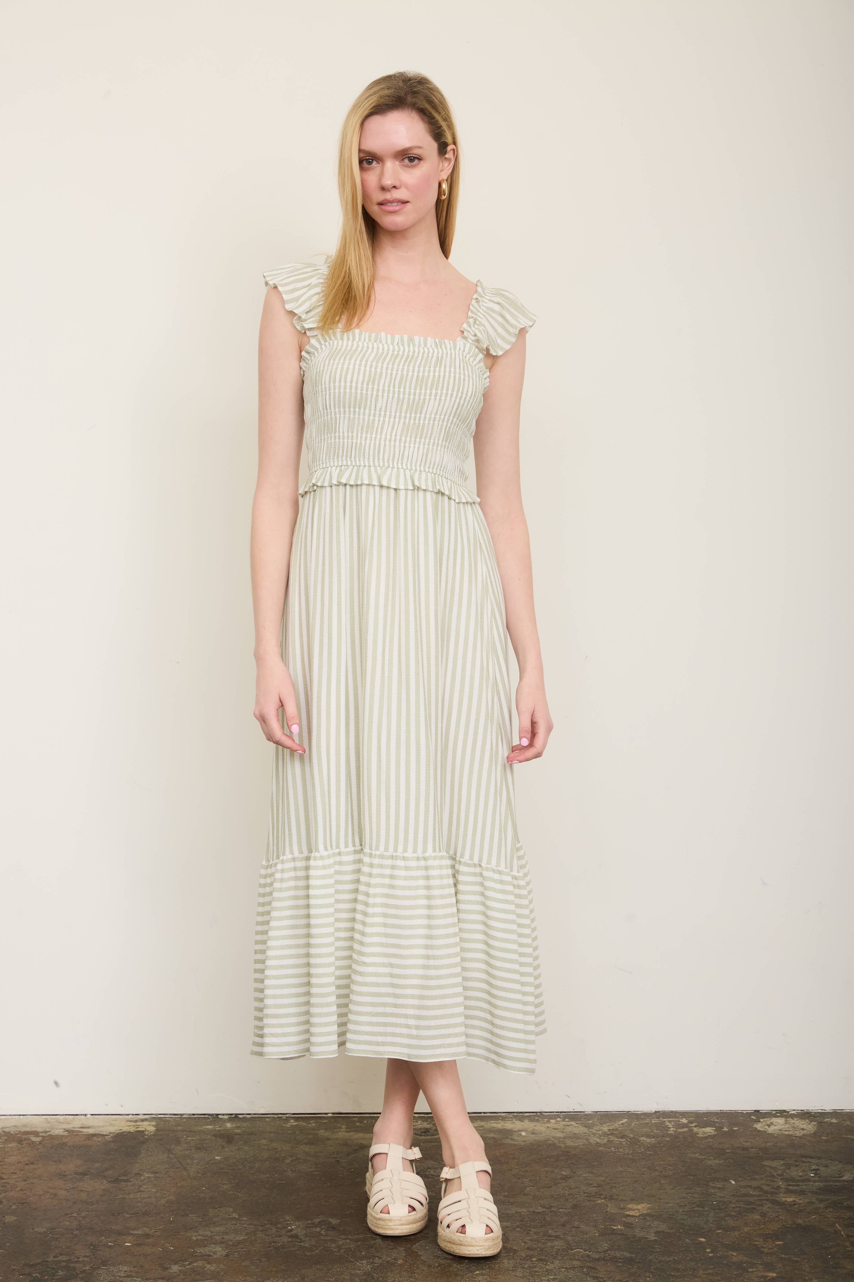 Sweet Stroll Striped Midi Dress: Light Olive