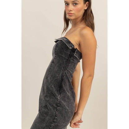 WASHED CORDUROY STRAPLESS DRESS: BLACK