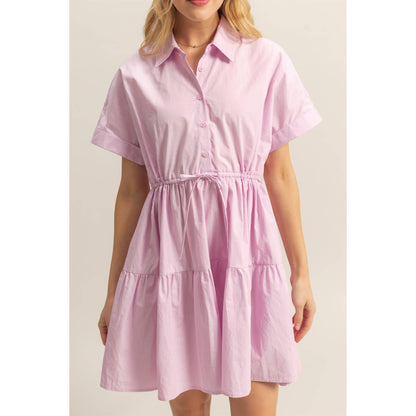 Drawstring Waist Poplin Tiered Mini Dress