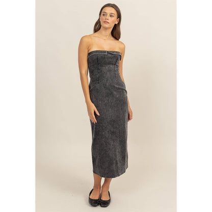 WASHED CORDUROY STRAPLESS DRESS: BLACK