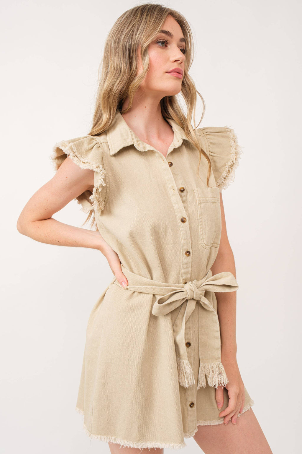 BEIGE COLLARED BUTTON DOWN SELF-TIE BELT MINI DRESS