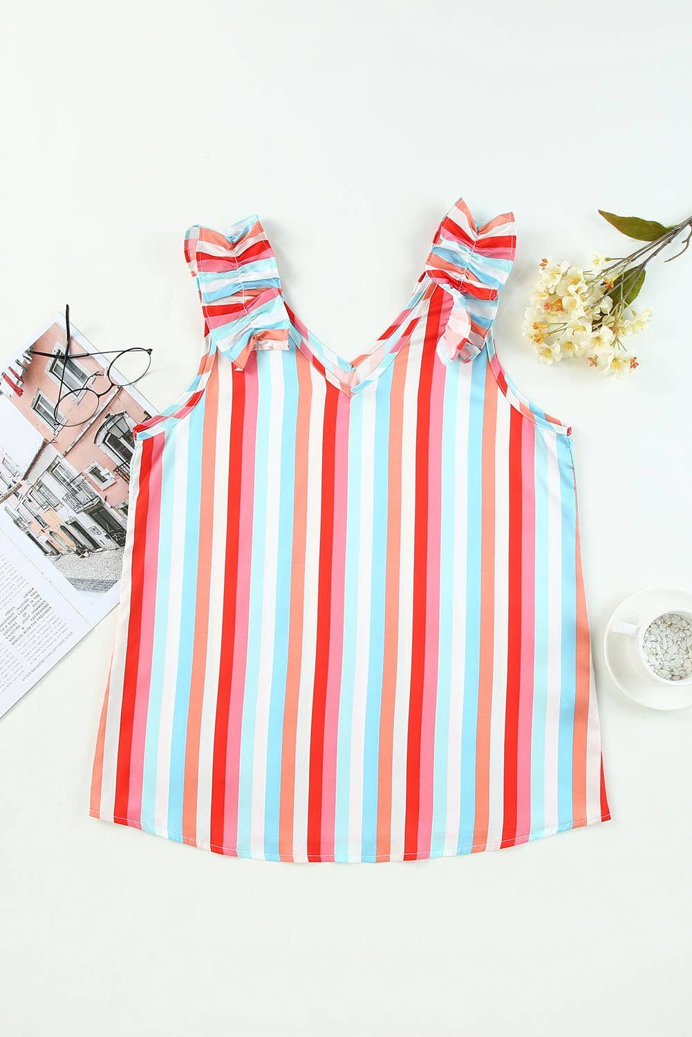 Colorful Striped Ruffled Shoulder V Neck Top