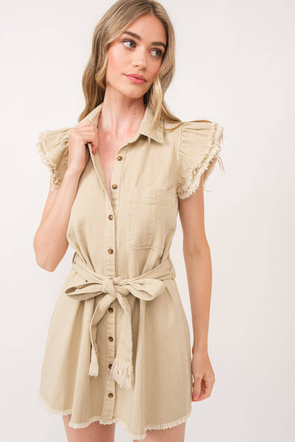 BEIGE COLLARED BUTTON DOWN SELF-TIE BELT MINI DRESS