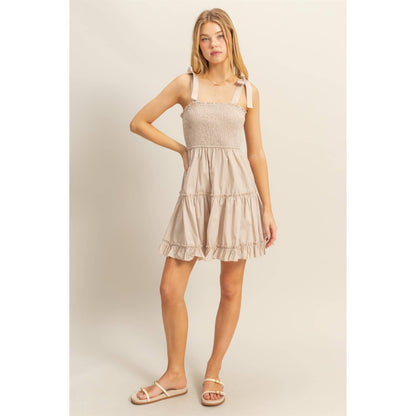 Poplin Self-Tie Straps Tiered Mini Dress