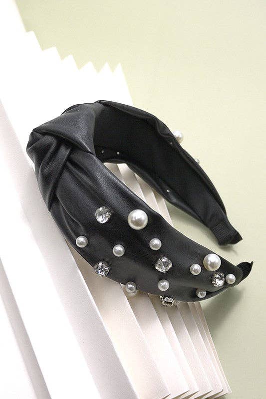 KNOTTED FAUX LEATHER PEARL RHINESTONE HAIR BANDS