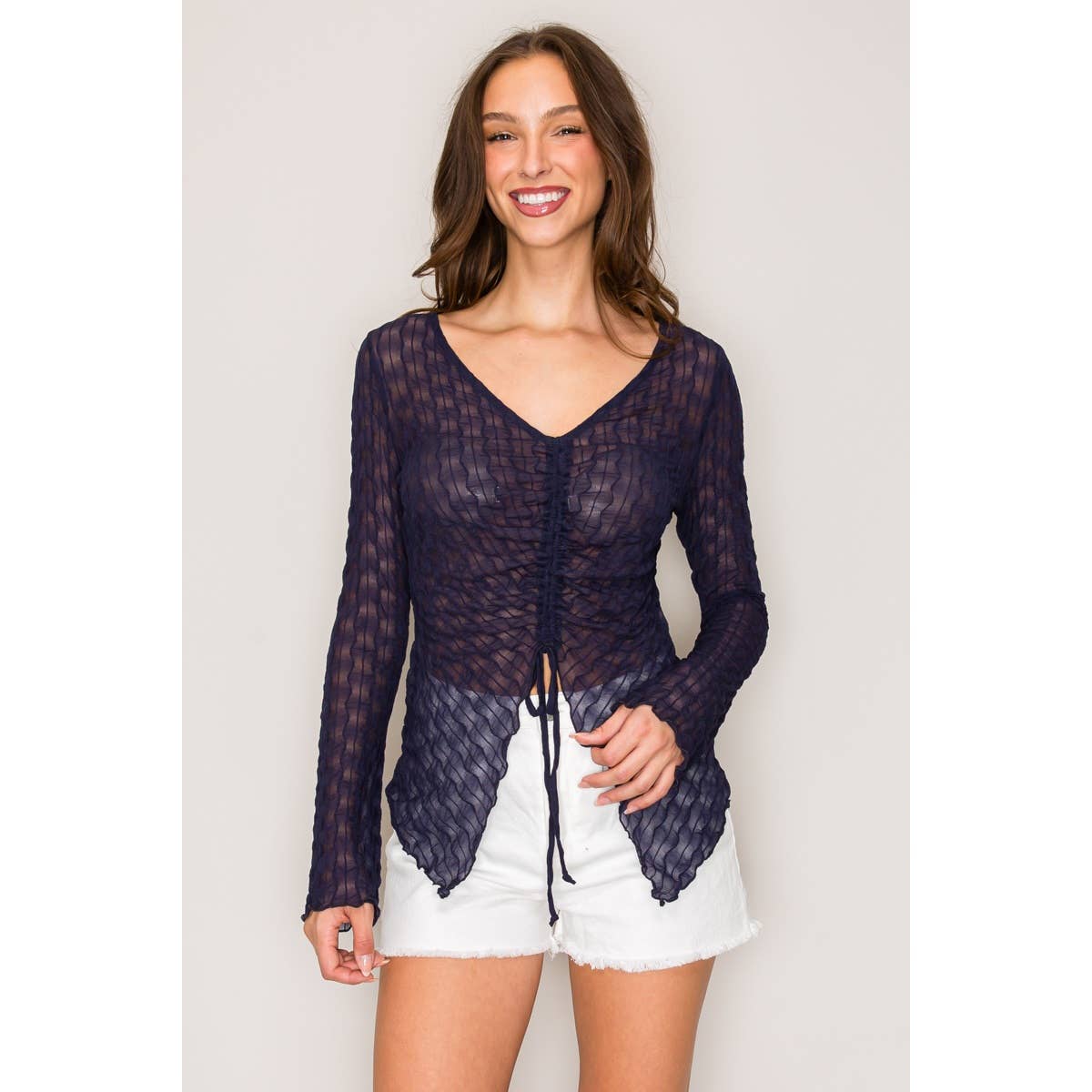Front Flyaway Long Sleeve Top: Navy