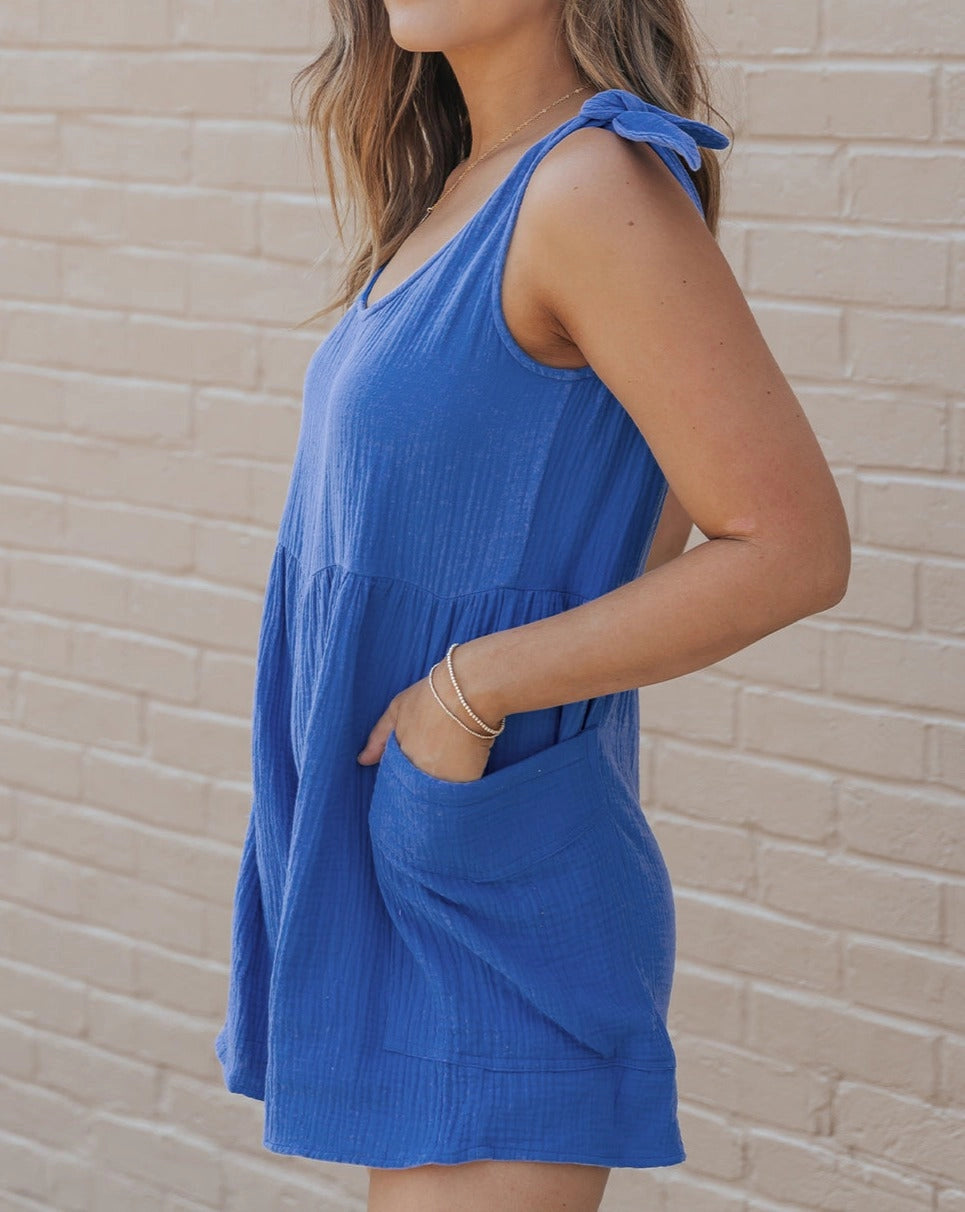 Blue Gauze Knotted Strap Romper