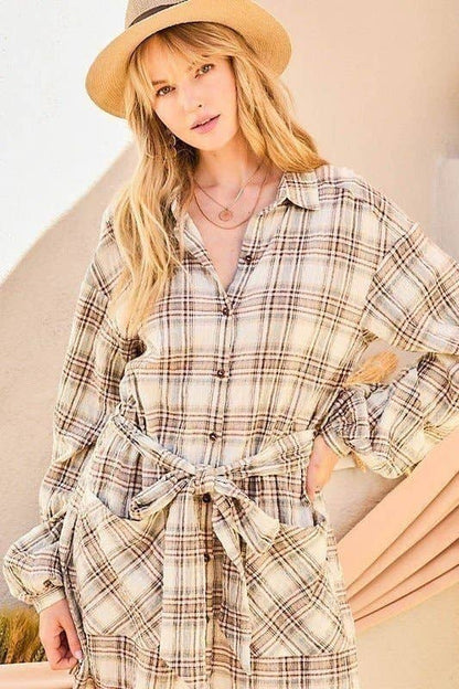 Bubble Sleeve Waist Belt Plaid Shirts Dress: TAUPE/BROWN