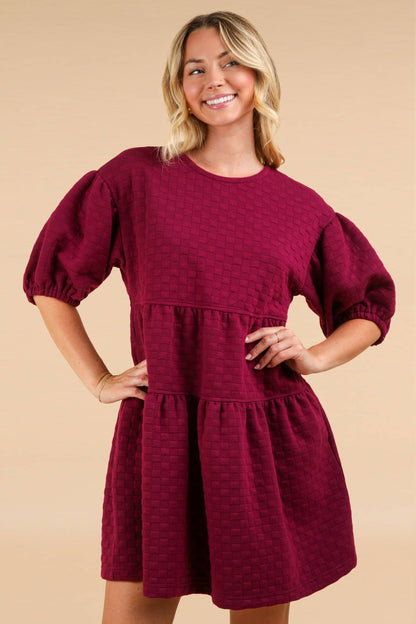 Quilted Knit Puff Sleeve Babydoll Dress PLUS SIZE: RASPBERRY
