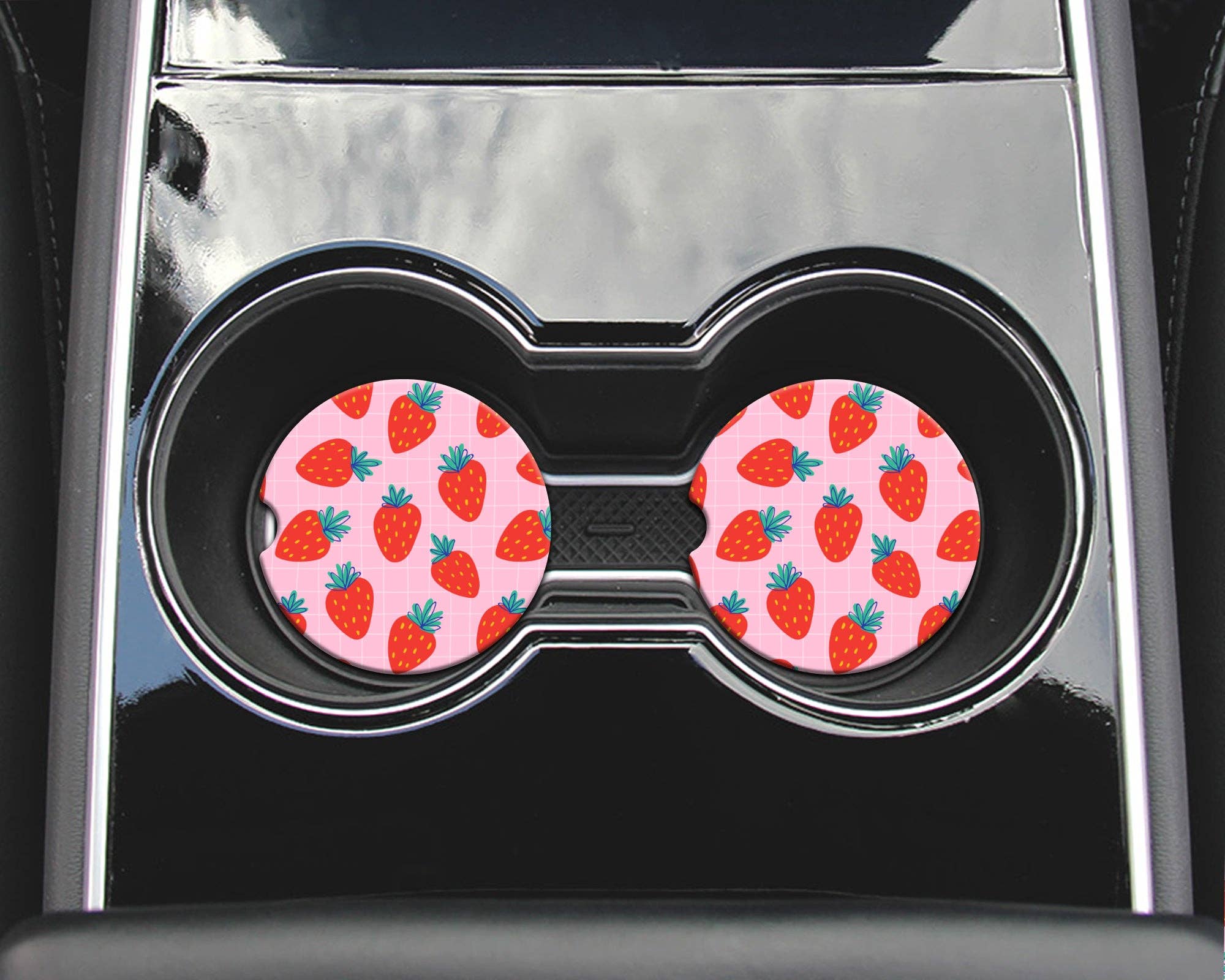 2 Car Coasters, Pink Grid Strawberry Design