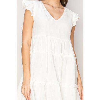 DOUBLE GAUZE TIERED MINI DRESS: OFF WHITE