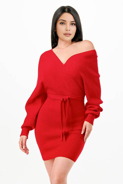 Solid color deep open sexy long sleeve sweater dress: Red