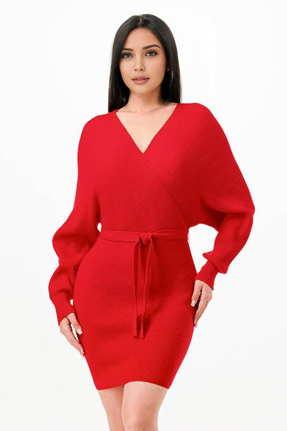 Solid color deep open sexy long sleeve sweater dress: Red