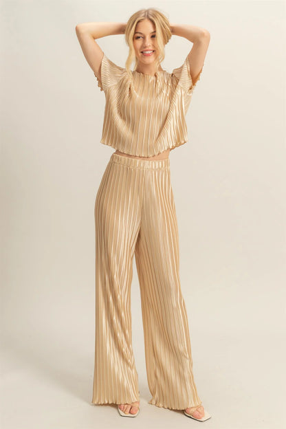 Crinkle Short Sleeve Top And Pants Set- CHAMPAGNE