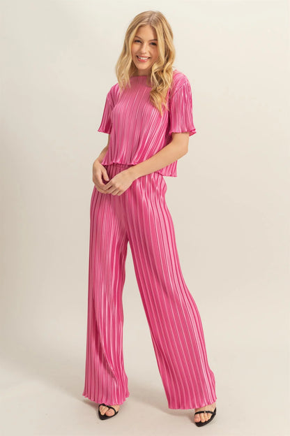 Crinkle Short Sleeve Top And Pants Set- PINK